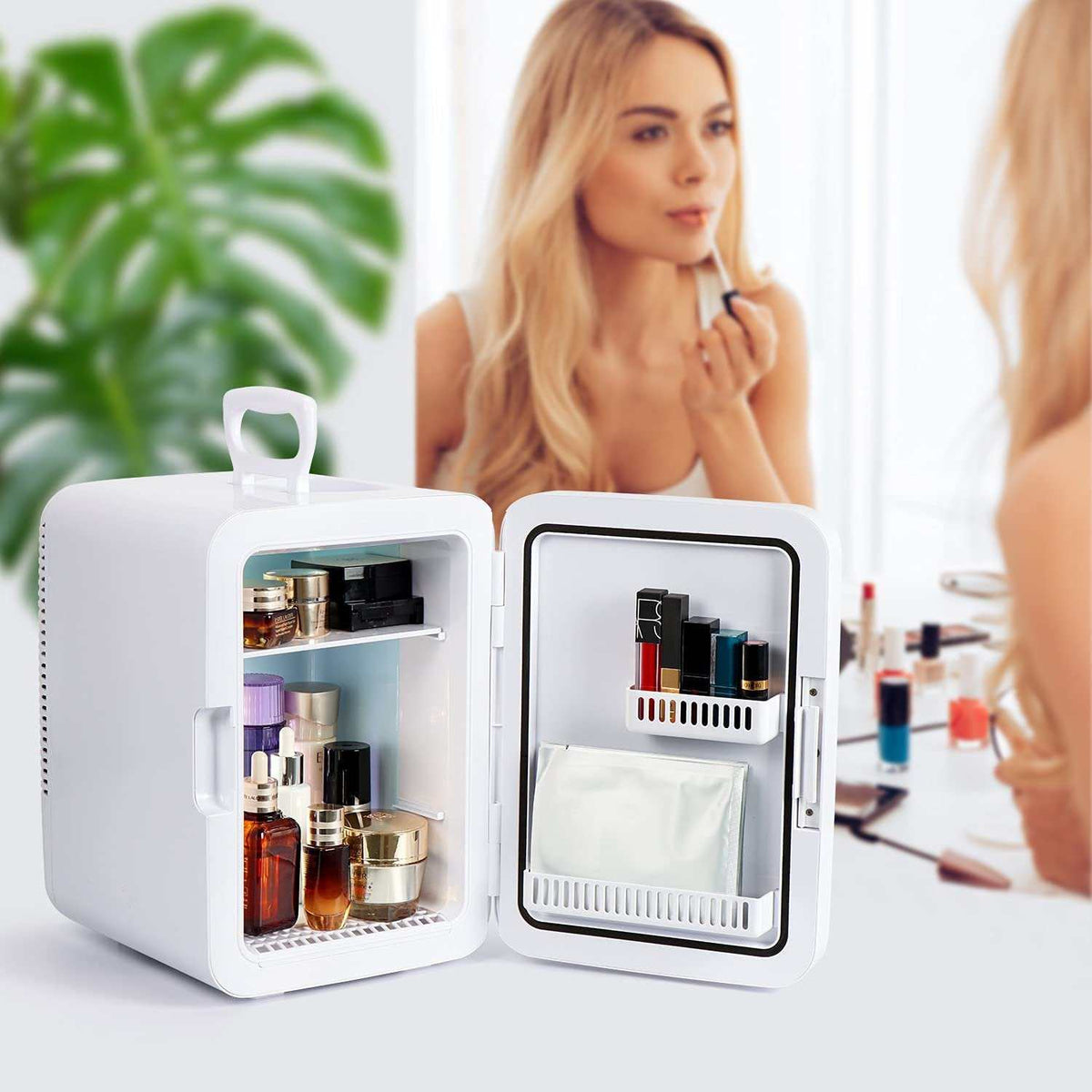 portable mini skincare fridge with led mirror cooling warming settings