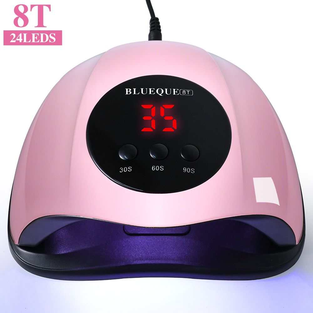 24 LED UV Nail Lamp in glossy pink with black digital timer display and three timer buttons for curing gel polish.