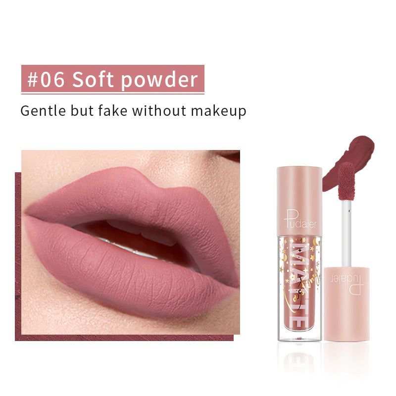 PUDAIER® Luxe Air Matte liquid lipstick in soft powder pink with a matte finish and smooth texture on lips and applicator.