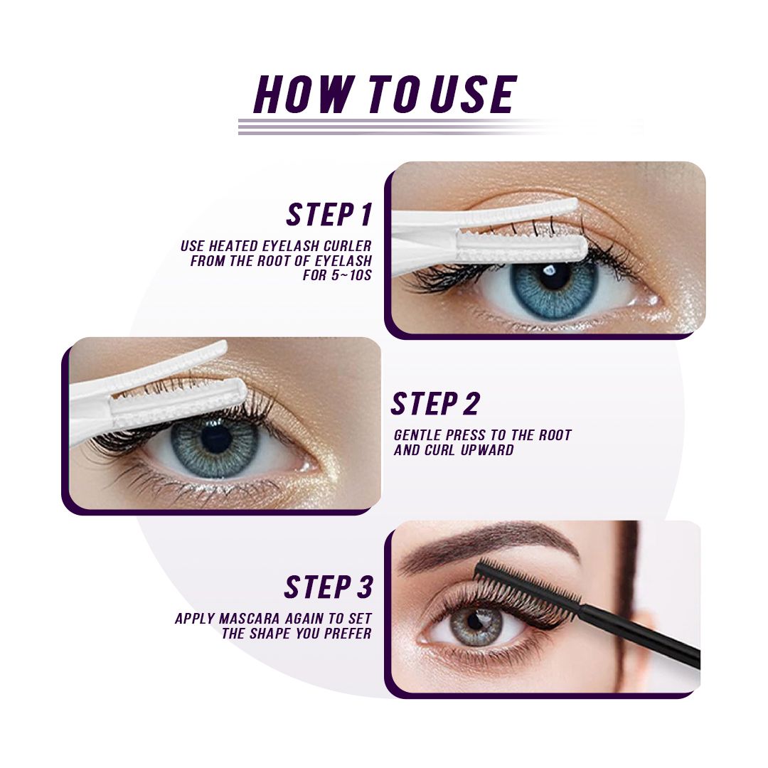 Instructional close-up images showing use of a white heated eyelash curler curling a blue eye's lashes and applying mascara, part of the Rechargeable Beauty Essentials Kit.