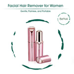 Rechargeable Beauty Essentials Kit featuring sleek rose gold facial hair remover and eyebrow trimmer with caps removed, elegant design
