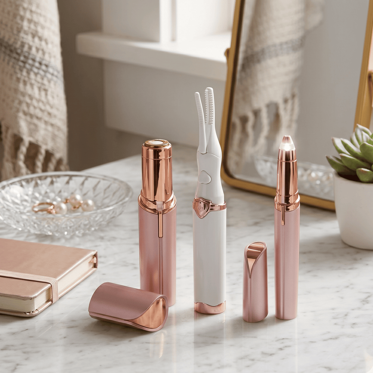 Rechargeable Beauty Essentials Kit with rose gold and white facial hair remover, eyebrow trimmer, and eyelash curler on marble surface