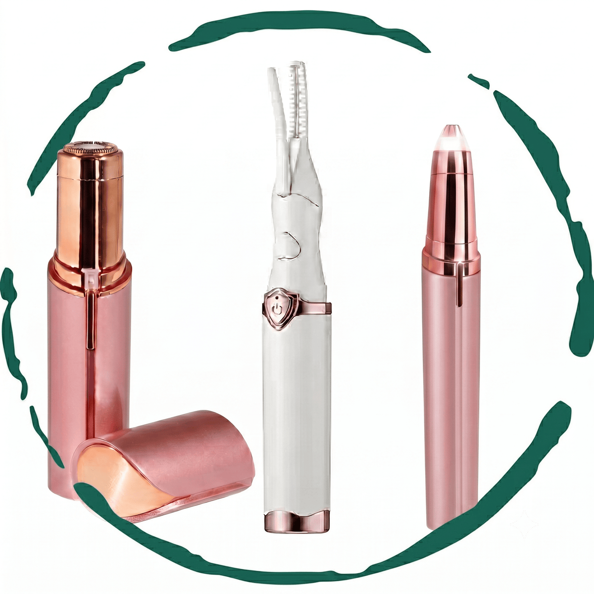 Rechargeable Beauty Essentials Kit featuring rose gold and white portable facial hair remover, eyebrow trimmer, and eyelash curler with sleek design.