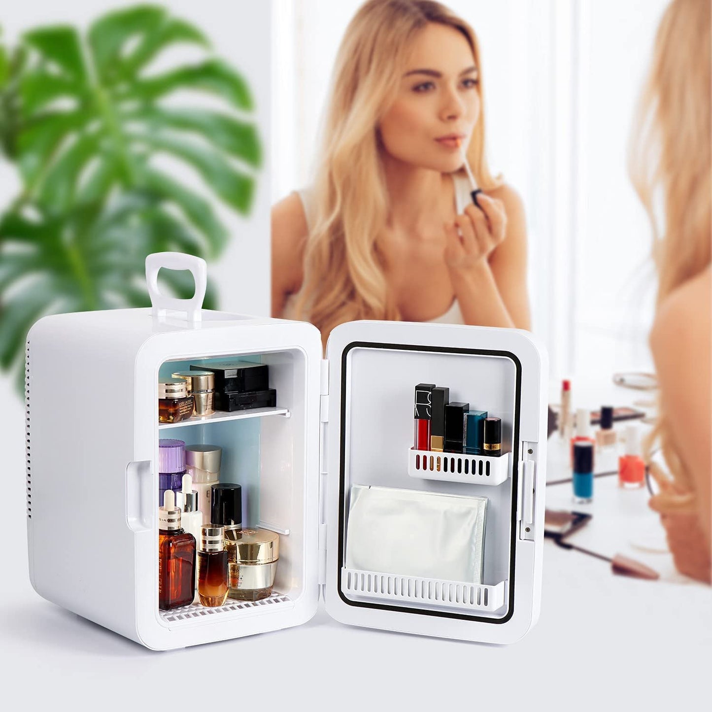 Compact Mini Skincare Fridge With LED Mirror - Chill your serums and masks while enjoying perfect lighting for makeup application.