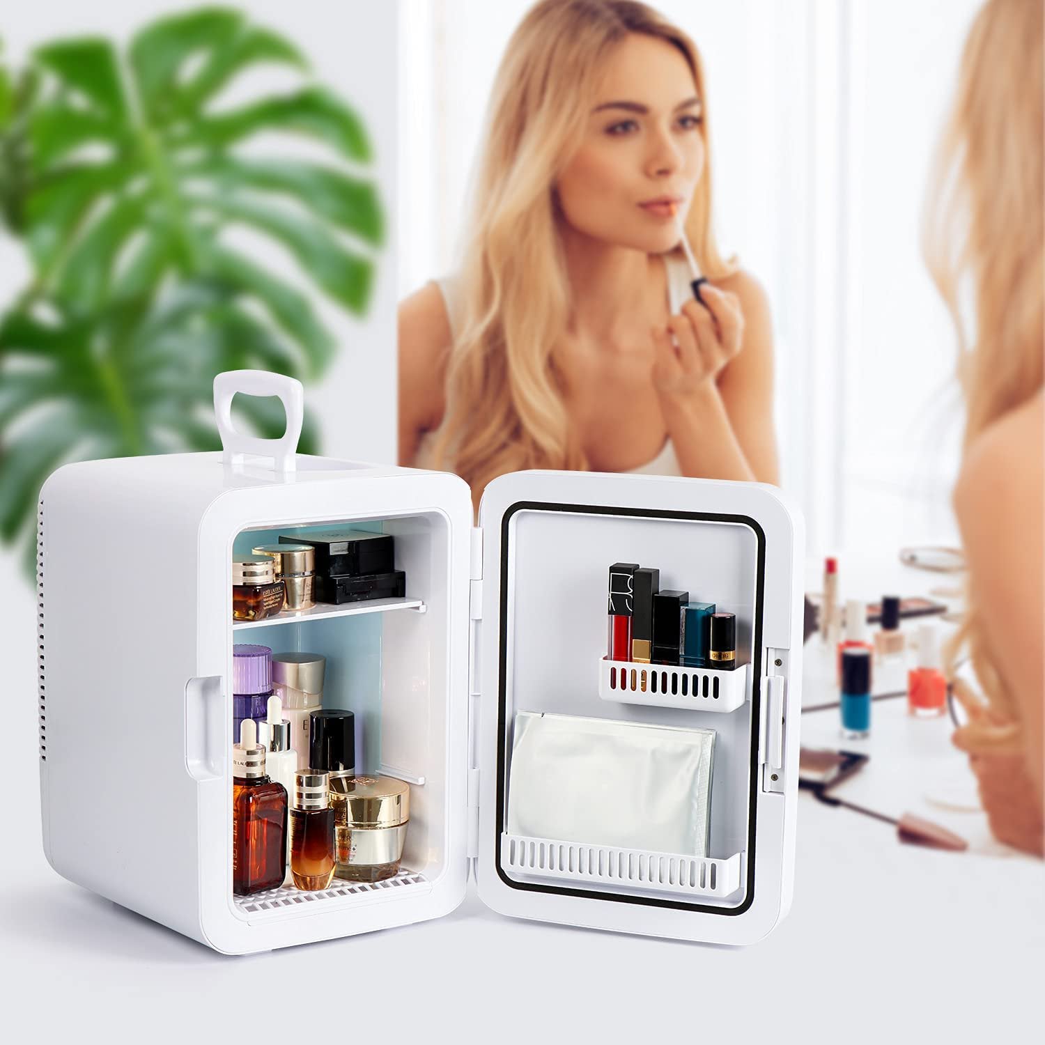 Compact Mini Skincare Fridge With LED Mirror - Chill your serums and masks while enjoying perfect lighting for makeup application.