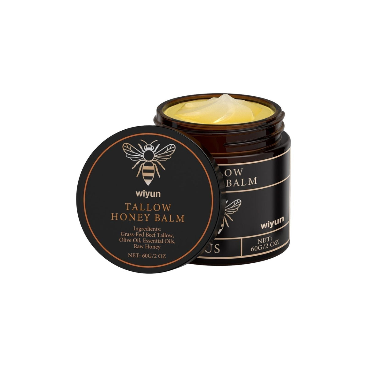 Brown glass jar of Revitalizing Beef Tallow cream with honey, showing creamy pale yellow balm inside and black lid featuring bee logo and gold text.