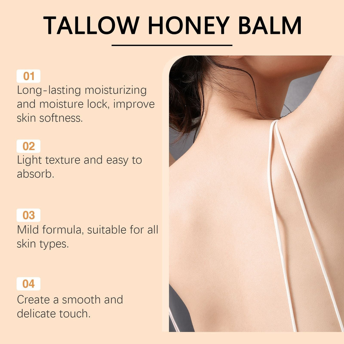 Revitalizing Beef Tallow moisturizer cream in light beige with honey and olive oil, showing smooth skin on woman's back wearing white strap
