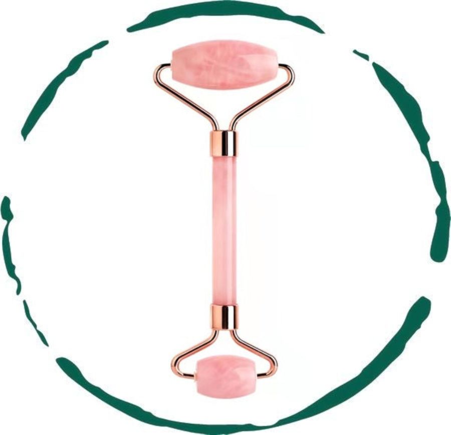 Double-sided Rose Quartz Facial Roller with smooth pink stone rollers and a metal frame for face and eye massage.