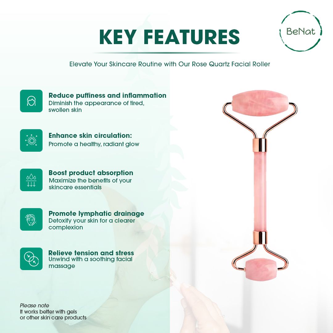 Rose Quartz Facial Roller double-sided with natural pink stone and metal frame for face and eye massage