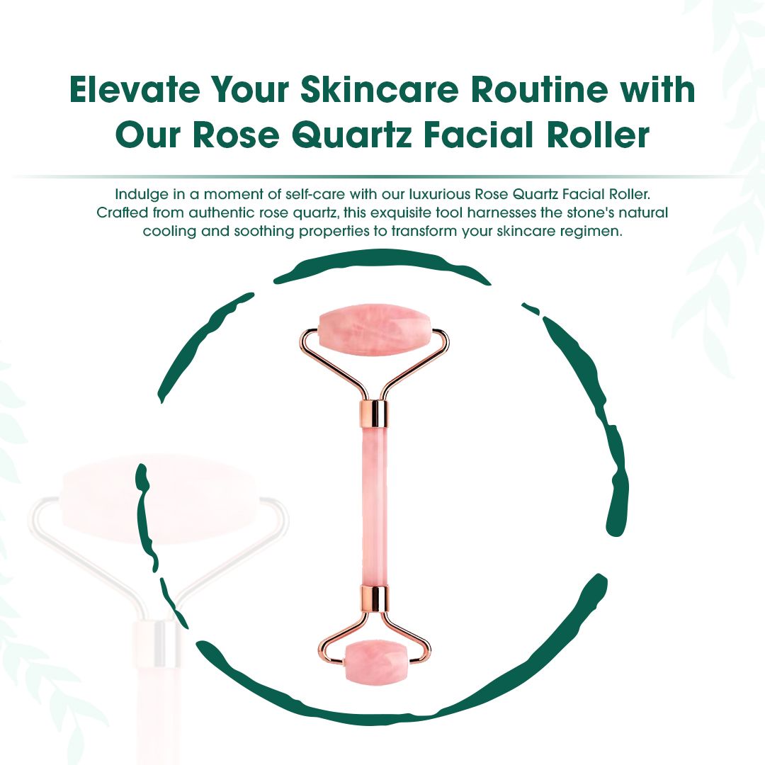 Rose Quartz Facial Roller with double-sided pink rose quartz stones and rose gold metal handle for face and eye massage