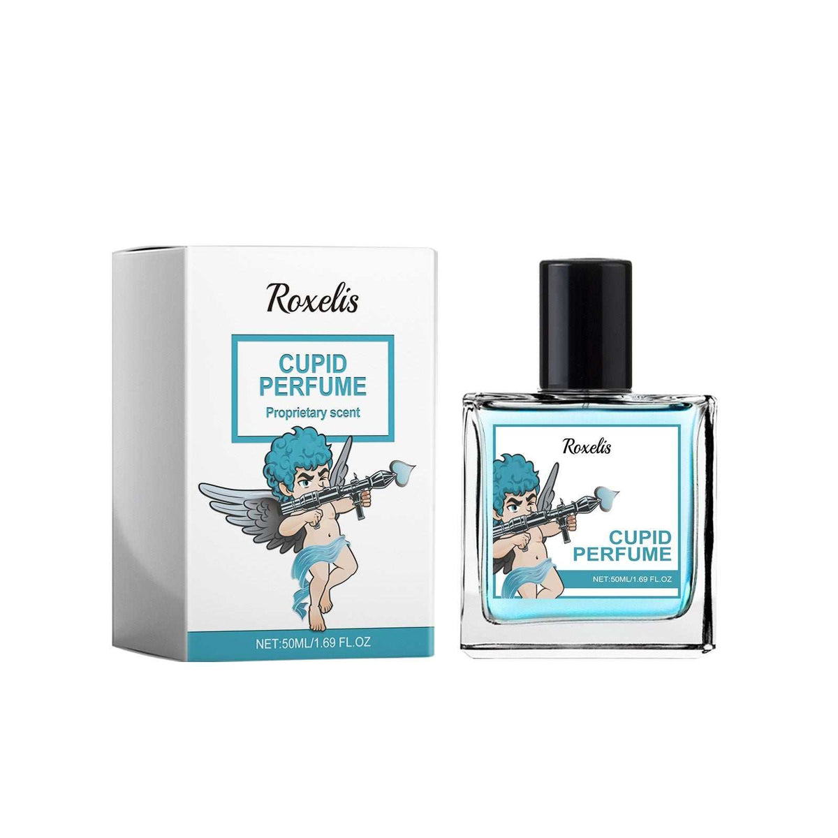 Roxelis Cupid Eau De Parfum clear glass bottle with black cap and turquoise label featuring cupid illustration, next to matching box