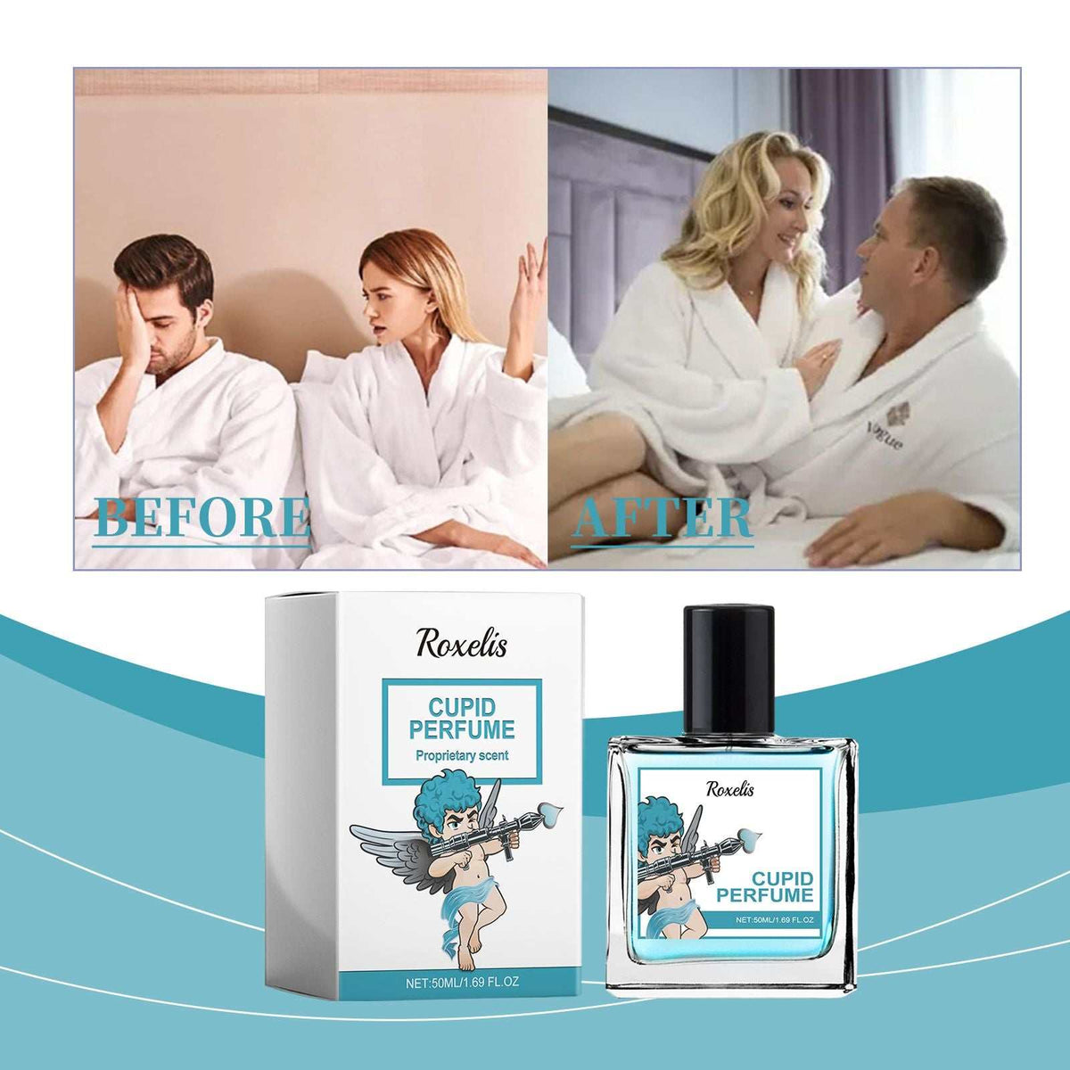 Roxelis Cupid Eau De Parfum bottle and packaging with turquoise label and cupid illustration, showing before and after couple in white robes