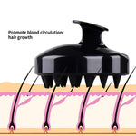 Scalp Care Brush black silicone scalp massager with soft tips designed to promote blood circulation and hair growth