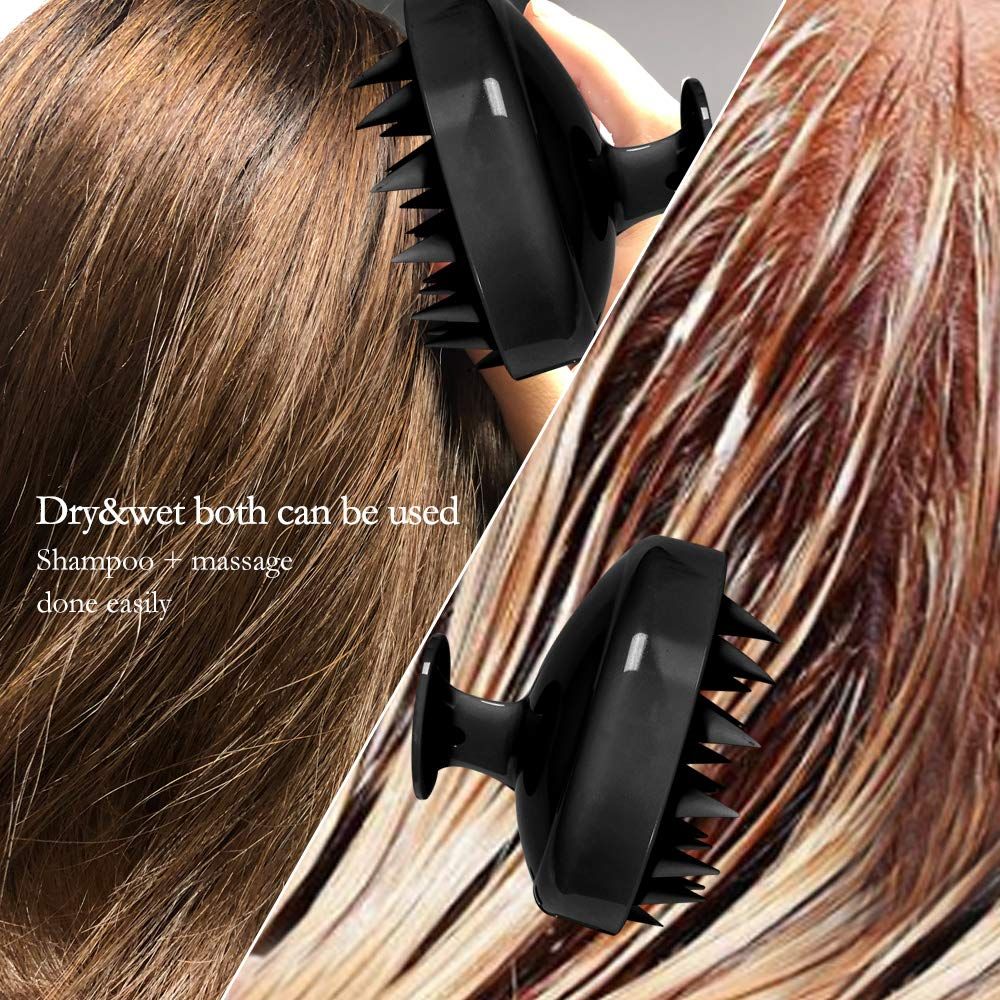 Scalp Care Brush in black silicone with ergonomic handle and soft tips for gentle scalp massage and shampoo application