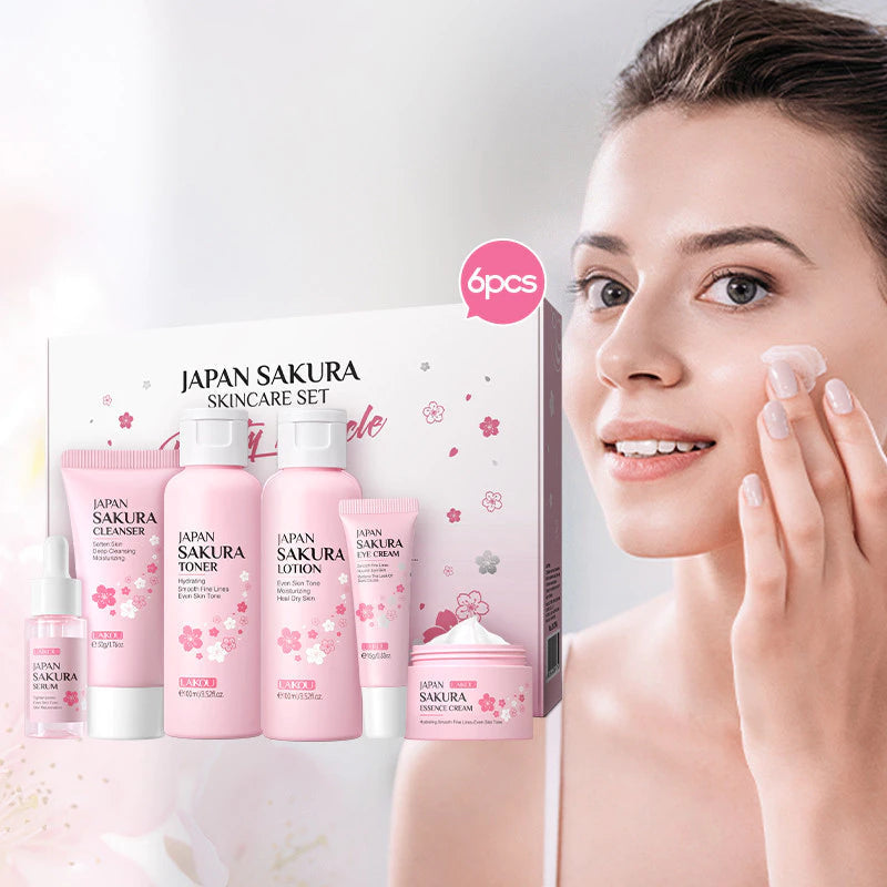 Sakura Facial Skincare Kit - All-Natural, Hydrating & Anti-Aging Cherry Blossom Essentials displayed elegantly, showcasing its nourishing serum, eye cream, and essence cream for vibrant and youthful skin care.