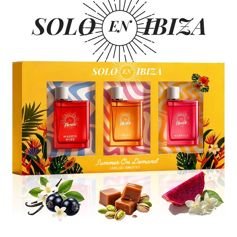 SOLO EN IBIZA Women's Perfume gift set featuring three colorful 1.02 oz Eau de Parfum spray bottles with floral and fruit accents on vibrant packaging