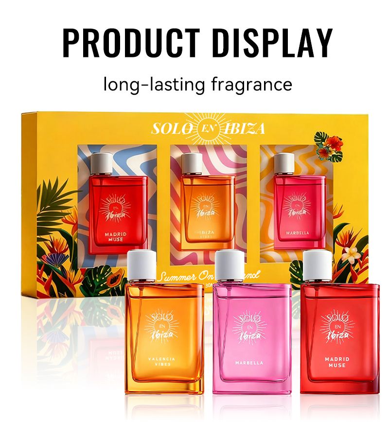 SOLO EN IBIZA Women's Perfume gift set with three colorful 1.02 oz Eau de Parfum spray bottles in red, orange, and pink featuring tropical packaging