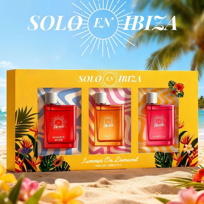 SOLO EN IBIZA Women's Perfume gift set with three colorful rectangular glass spray bottles in red, orange, and pink encased in a vibrant yellow tropical-themed box