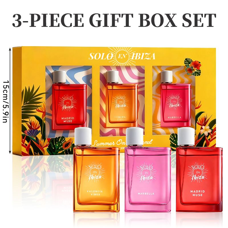 SOLO EN IBIZA Women's Perfume three-piece gift set with vibrant red, orange, and pink glass spray bottles in a yellow box with tropical design