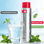 Stain Removing Mouthwash in silver bottle with red cap, featuring whitening and fresh mint attributes alongside a clear glass of water and mint leaves