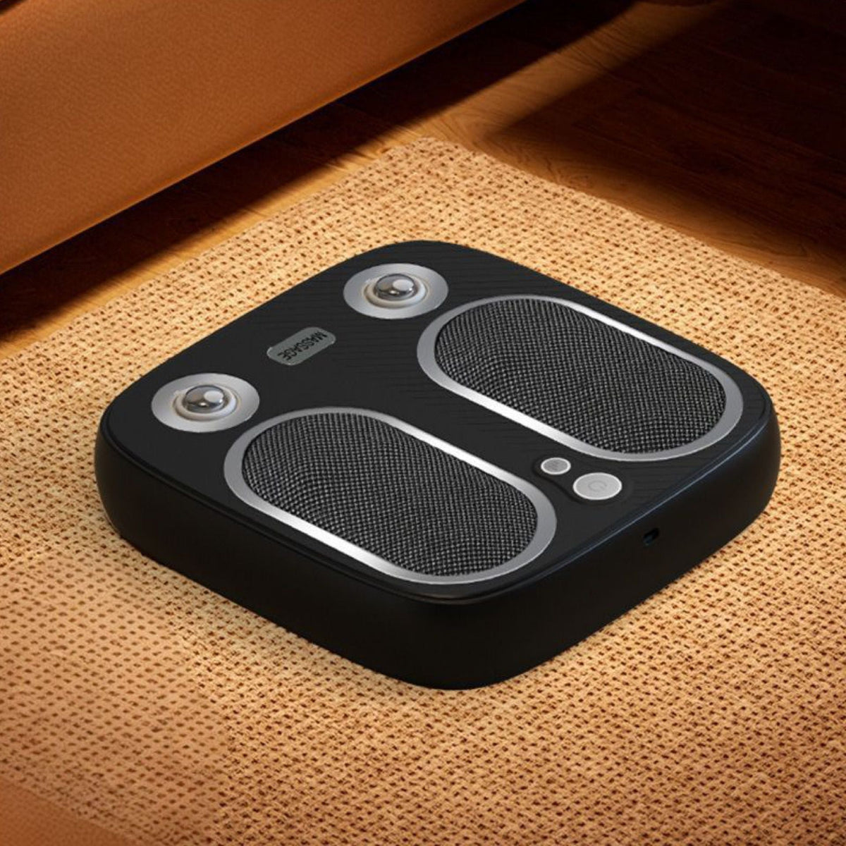 Stress & Pain Relief Foot Massager in black with two textured footpads, circular massage nodes, and compact design