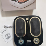 Stress & Pain Relief Foot Massager in black with carbon fiber texture, dual foot pads, two silver rolling knobs, and control buttons