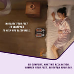 Stress & Pain Relief Foot Massager in black with heated nodes shown beside a woman lying on a bed in pink pajamas