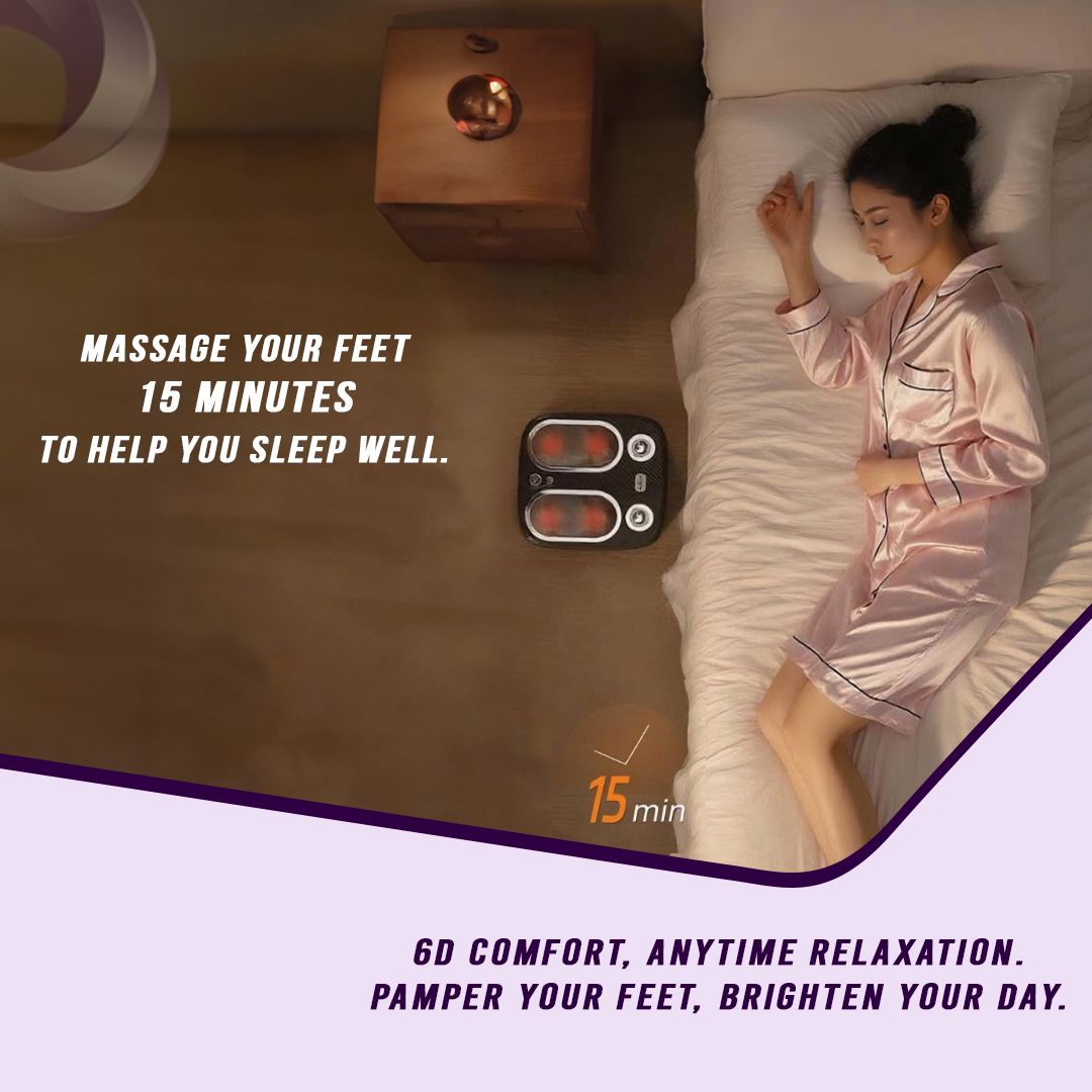 Stress & Pain Relief Foot Massager in black with heated nodes shown beside a woman lying on a bed in pink pajamas