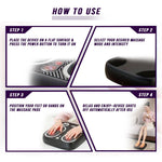 Stress & Pain Relief Foot Massager black cordless device with control buttons and massage pads demonstrating usage steps with feet and hands