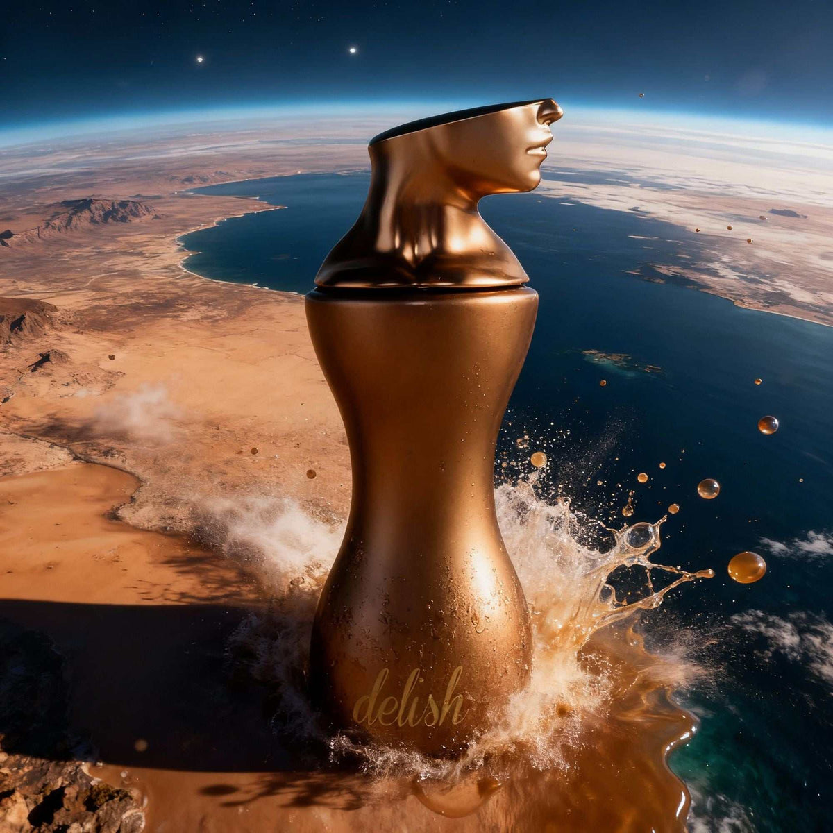 Sugar Red Berry Eau De Toilette bottle in metallic bronze shaped like a female face silhouette with splash effect
