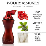 Sugar Red Berry Eau De Toilette women's perfume with a deep red sculptural bottle and woody musky scent notes including pink pepper, grapefruit, jasmine, fir, saffron, cedar, musk, amber, and oakmoss