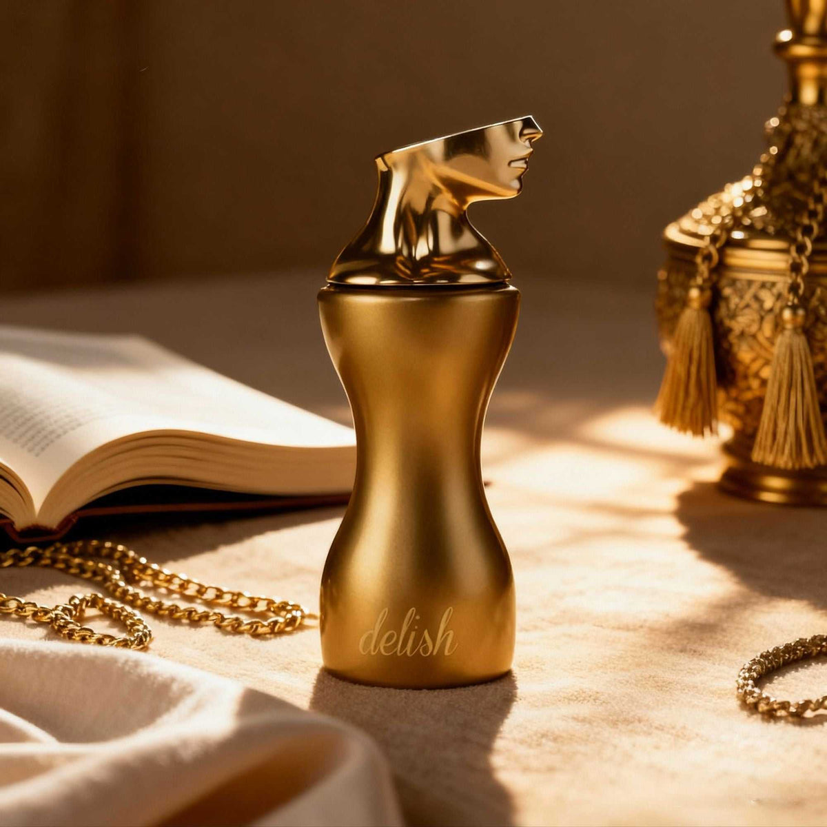 Gold metallic perfume bottle with an artistic face-shaped cap and "delish" text, showcasing Sugar Red Berry Eau De Toilette.