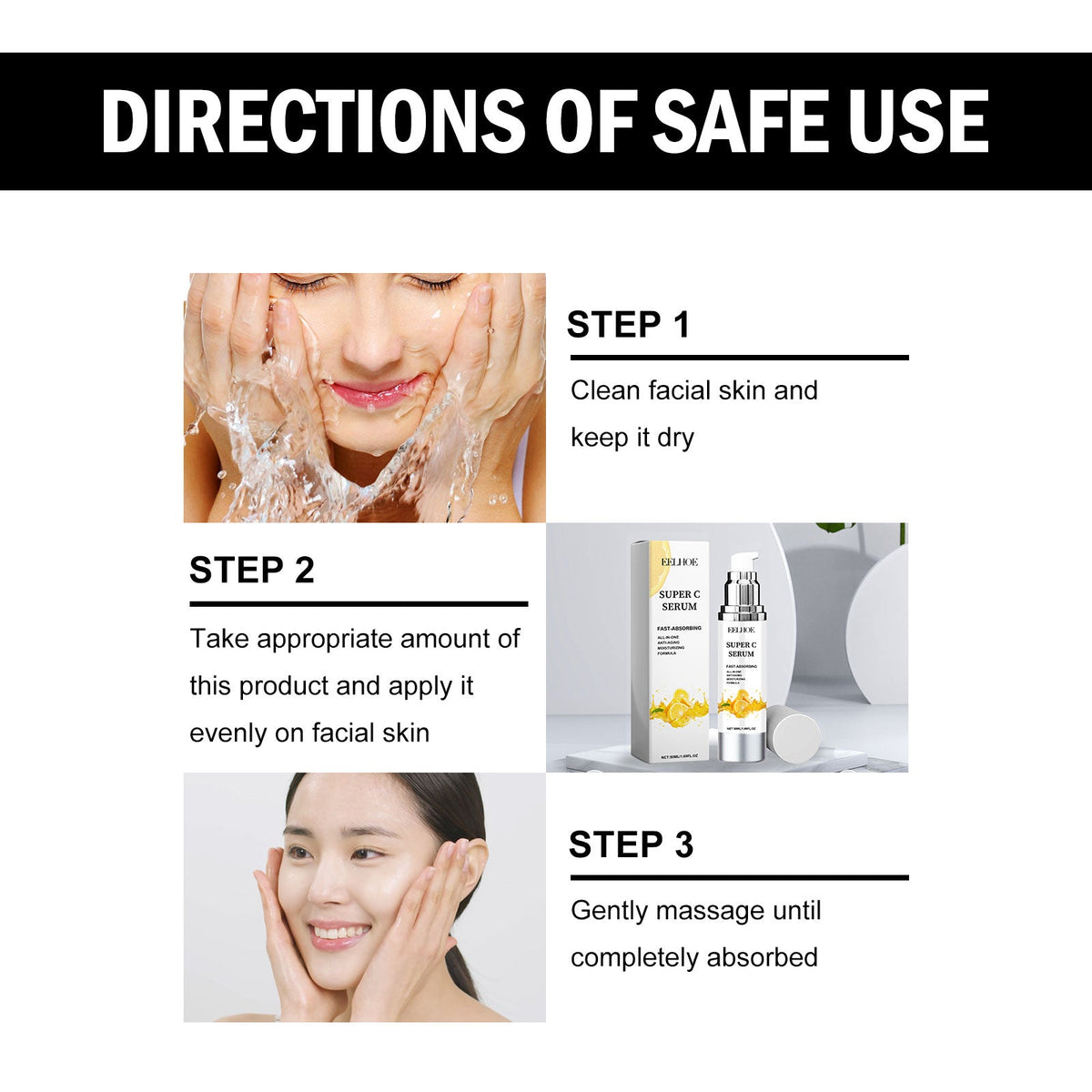 Super C Serum bottle with white and yellow label beside its box, demonstrating facial skin cleansing and application steps