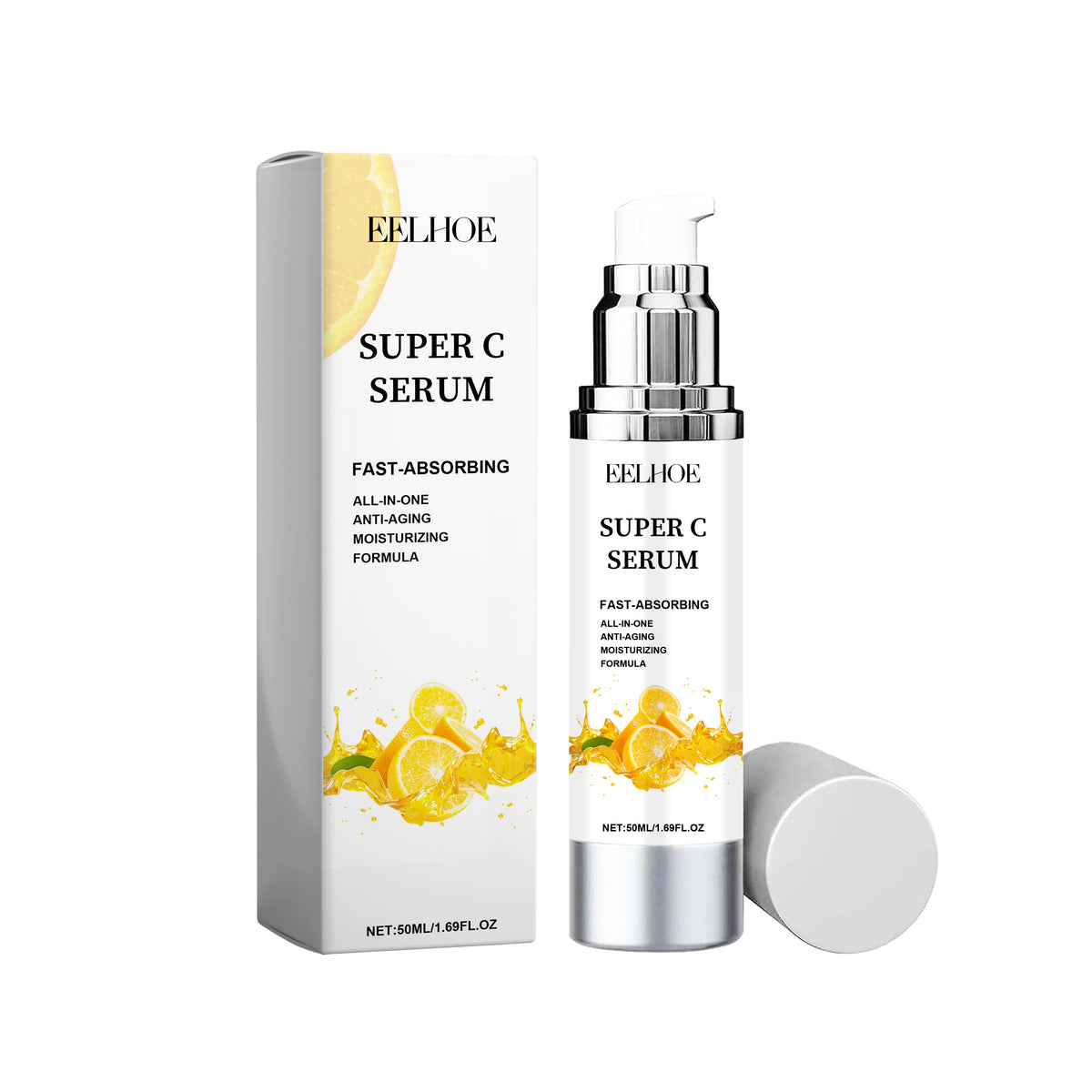 Super C Serum in a silver pump bottle with white and yellow lemon splash design, paired with matching box packaging