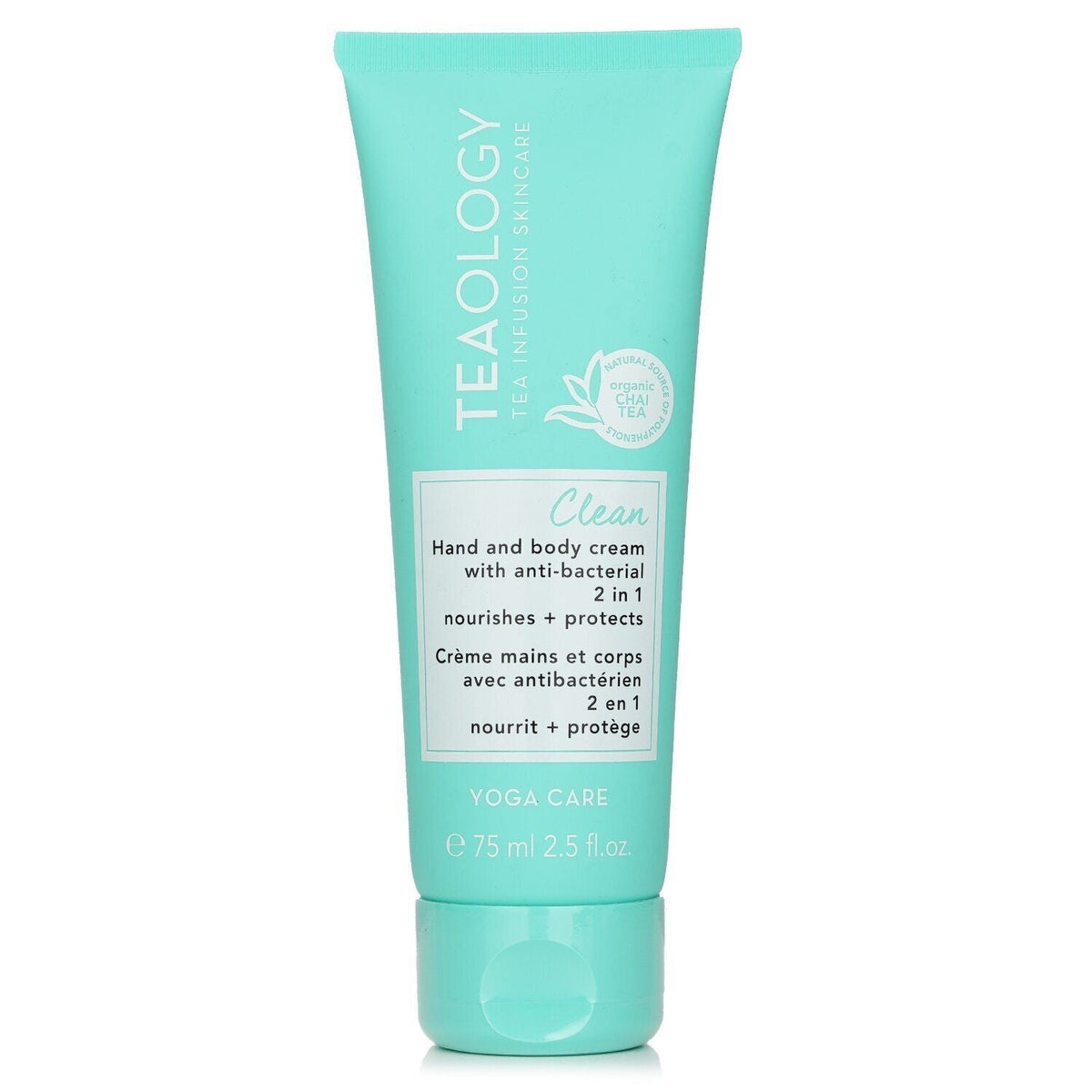 Hand and body moisturizing cream in a turquoise plastic tube with white text, labeled TEAOLOGY Yoga Care, antibacterial formula.