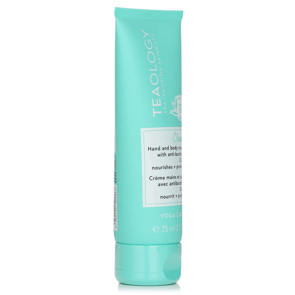 TEAOLOGY Yoga Care hand and body moisturizing cream in turquoise plastic 75ml tube with antibacterial properties