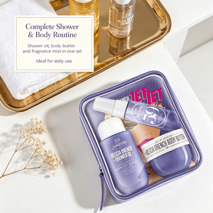 Travel Body Care Set in purple with shower oil, body butter, and fragrance spray in a compact reusable zipper pouch
