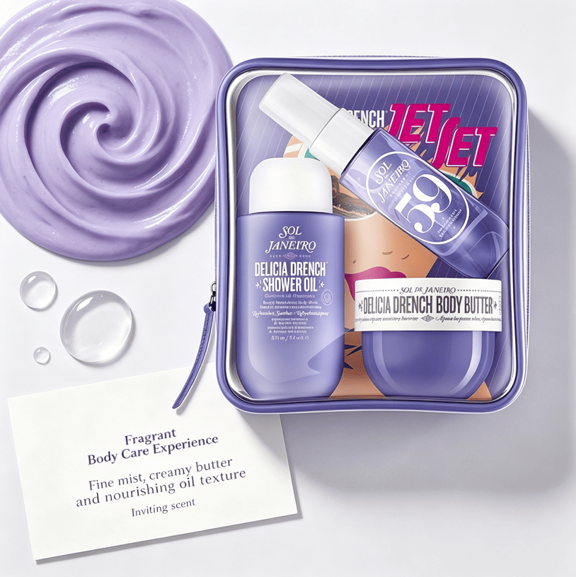 Travel Body Care Set with purple shower oil bottle, body butter jar, fragrance spray, and matching purple zipper pouch