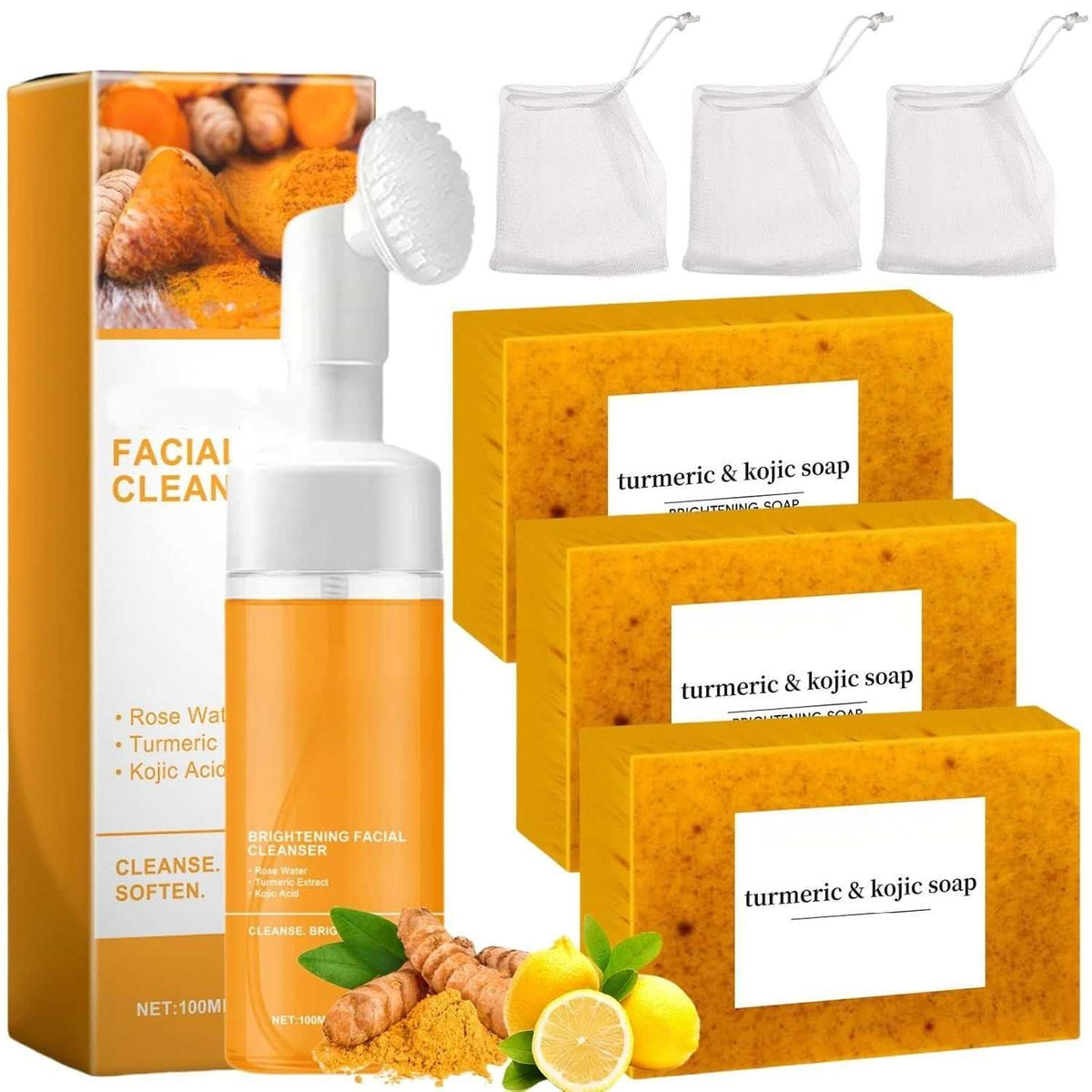 Turmeric Soap & Turmeric Face Wash Set featuring bright orange soap bars and a matching face wash bottle with cleansing brush and three white mesh soap saver bags.