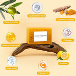 Turmeric Soap & Turmeric Face Wash Set featuring a yellow handmade soap bar with natural ingredients like turmeric powder, lemon, hyaluronic acid, collagen, vitamin C, natural vitamin E, olive fruit oil, and kojic acid around it
