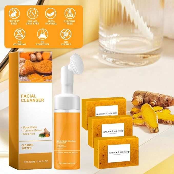 Turmeric Soap & Turmeric Face Wash Set featuring orange turmeric and kojic soap bars with a white facial cleanser pump and turmeric roots