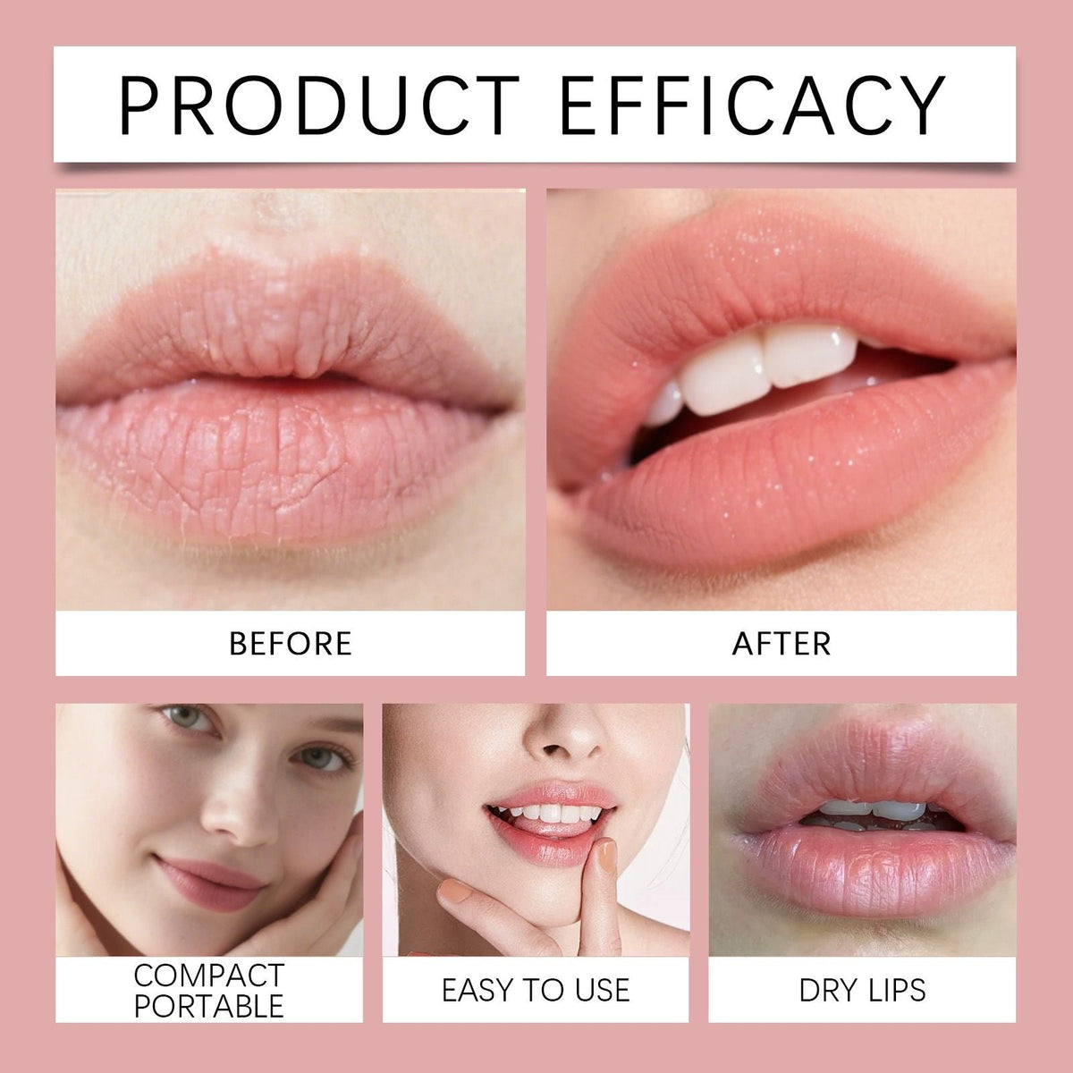 Ultra-Hydrating Lip Gloss shown with a before and after effect on lips, visibly moisturizing dry lips to a smooth, glossy finish