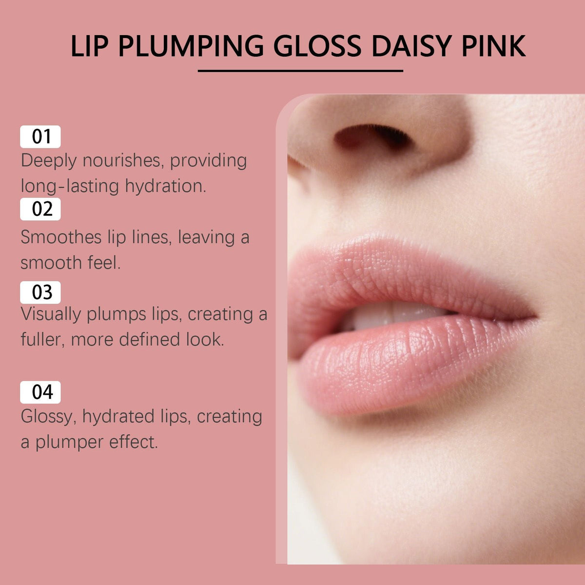 Ultra-Hydrating Lip Gloss in daisy pink on smooth lips with a glossy, plumping, hydrated finish enhancing natural lip fullness