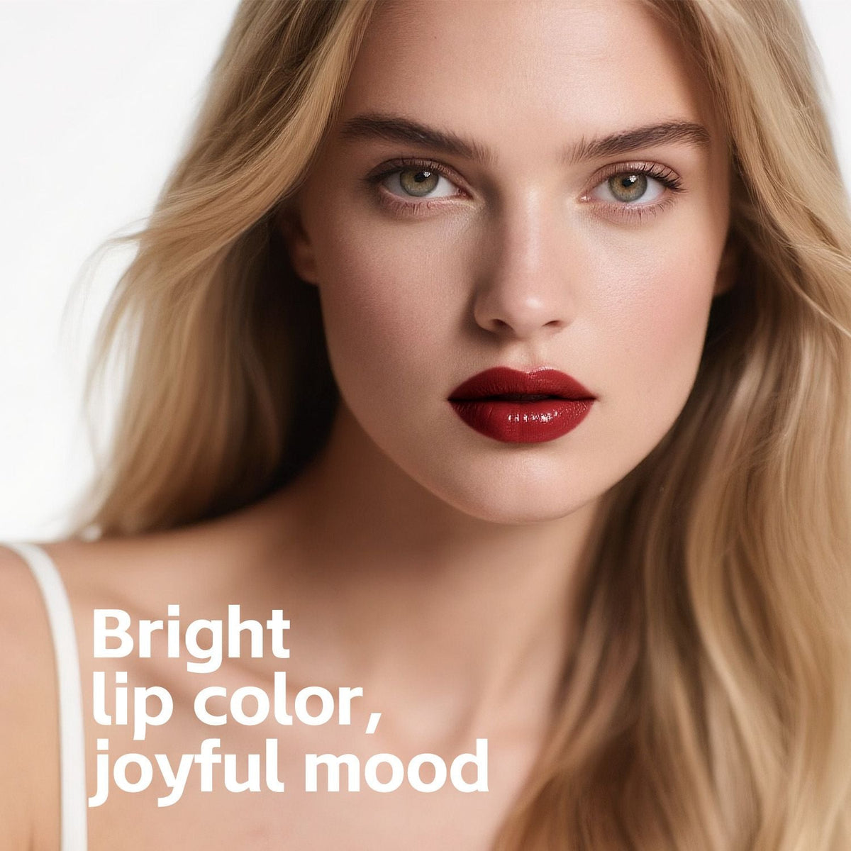 Ultra-Hydrating Lip Gloss in deep glossy red shade on model with smooth skin and blonde hair, high-shine non-sticky finish