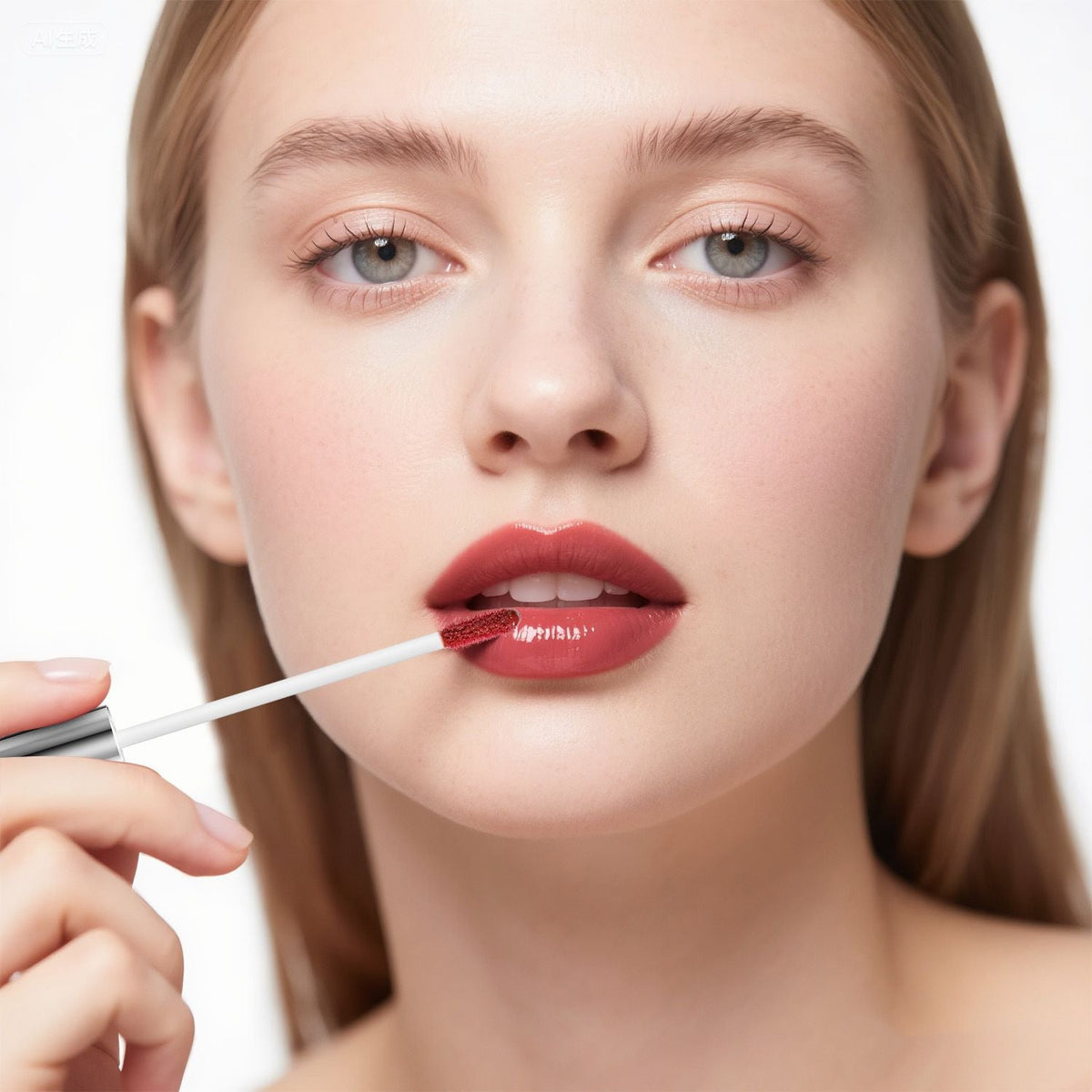 Ultra-Hydrating Lip Gloss in deep red shade being applied with a wand, glossy high-shine, smooth finish on lips