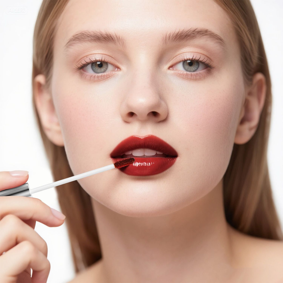 Ultra-Hydrating Lip Gloss in deep red shade applied smoothly on lips with a high-shine, glossy finish