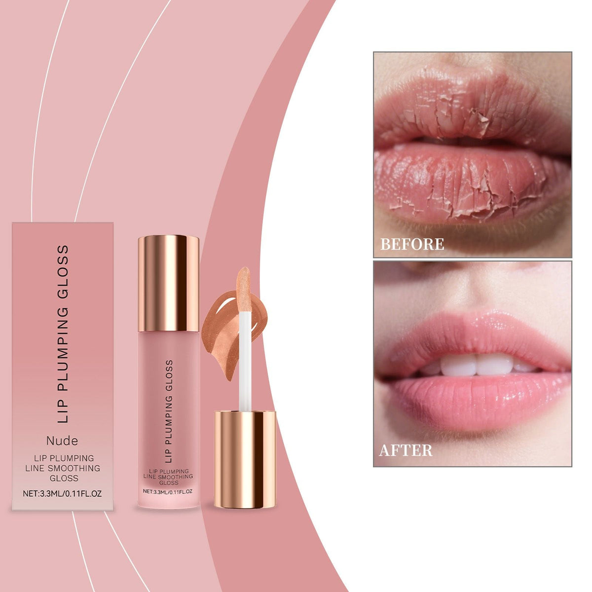 Ultra-Hydrating Lip Gloss in nude with lip plumping and line smoothing properties shown with before and after lip hydration results