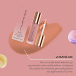 Ultra-Hydrating Lip Gloss in nude shade with a sleek frosted glass tube and rose gold cap, featuring a creamy applicator wand
