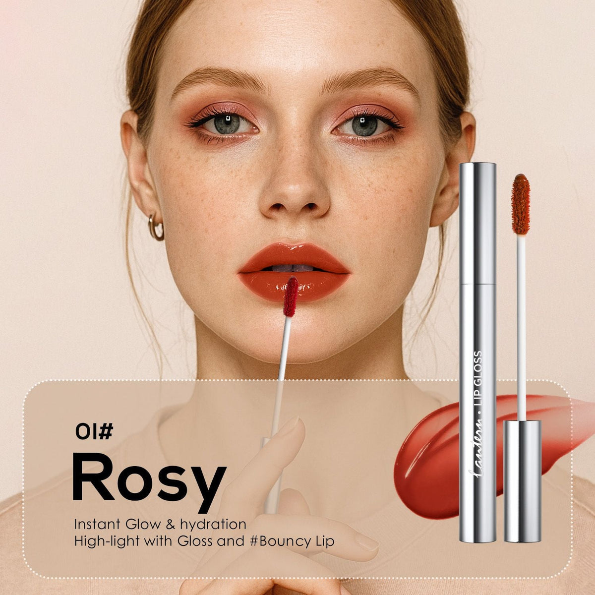 Ultra-Hydrating Lip Gloss in rosy shade with high-shine, smooth texture on model's lips, silver tube applicator shown