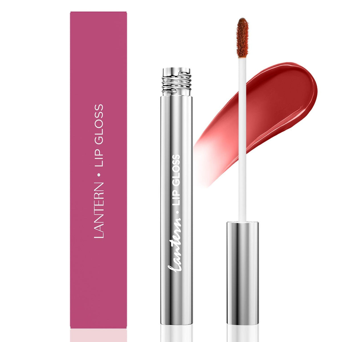 Ultra-Hydrating Lip Gloss in sleek silver tube with applicator wand, glossy warm reddish-brown color swatch beside it